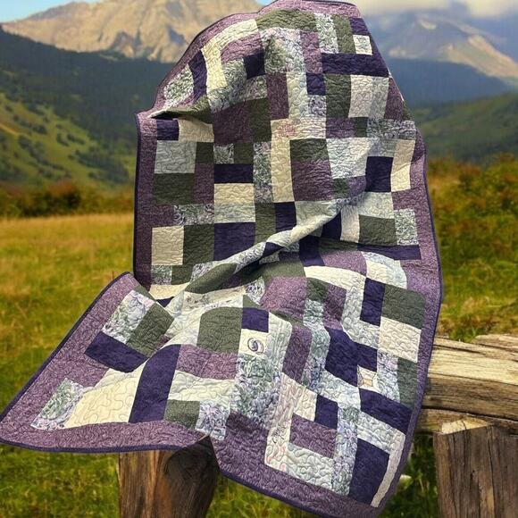 Vtg 2001 Handmade Patchwork Purple Quilt Quilted celebrating Names Poudre 68x45”